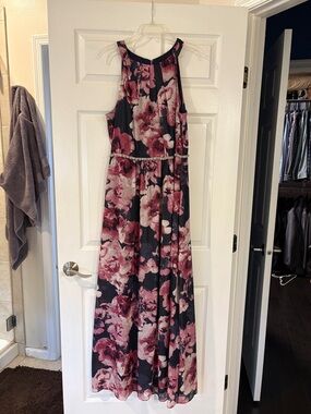 Sleeveless Black Maxi Dress with Pink Floral Print and Waist Detail